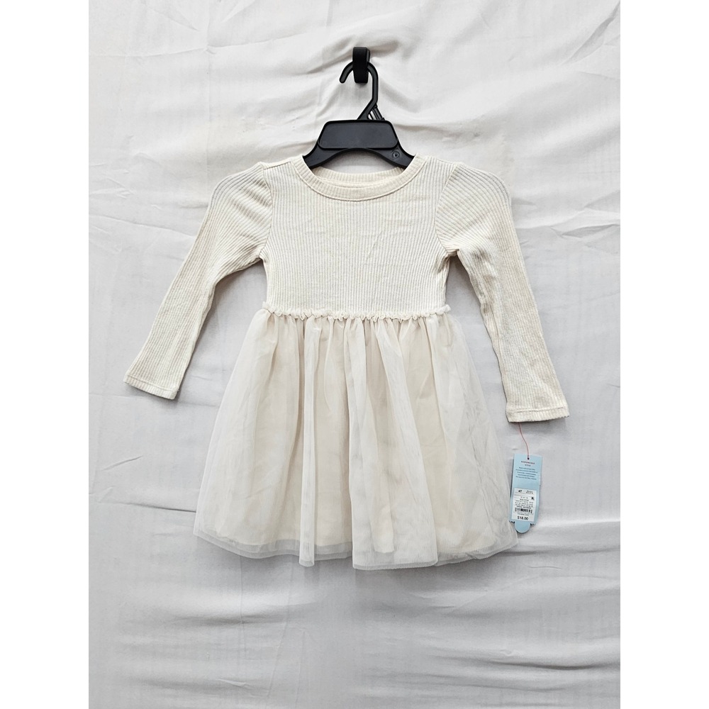 Cat & Jack Girls Long Sleeve Ribbed Tulle Tutu Dress Beige Shimmer Size 4T
